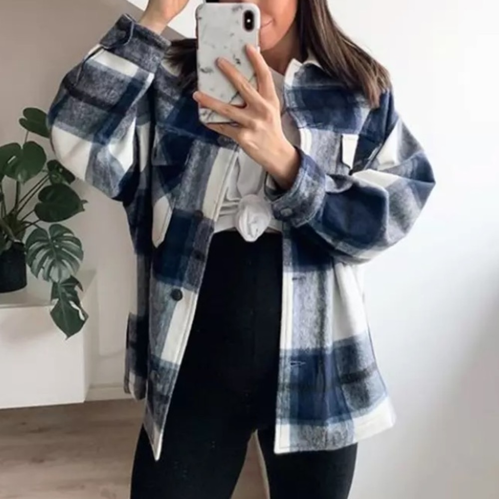 SOLD OUT Royal Plaid Oversized Flannel Shacket Shirt Jacket - Picture 1 of 4